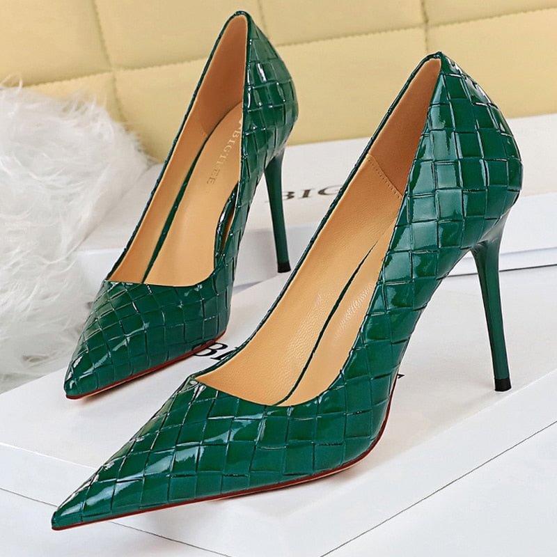 BIGTREE Shoes Patent Leather Woman Pumps 2022 New Designer Shoes Weave Pattern Fine High Heels Stiletto Heeled Shoes Party Shoes