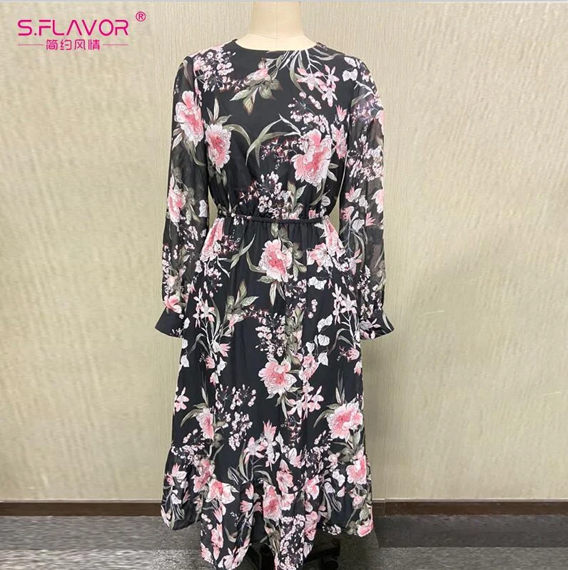 Jangj S.FLAVOR Bohemian Floral Printing A-line Dress Elegant 2022 Autumn Women Midi Dresses NO BELT Female Working Vestidos De