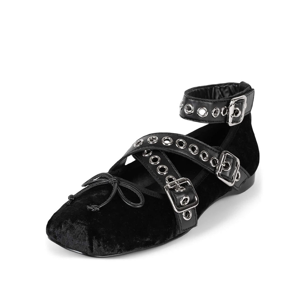 Black Velvet Square Toe Grommet Buckle Strappy Ballet Flats with Bow Nicepairs