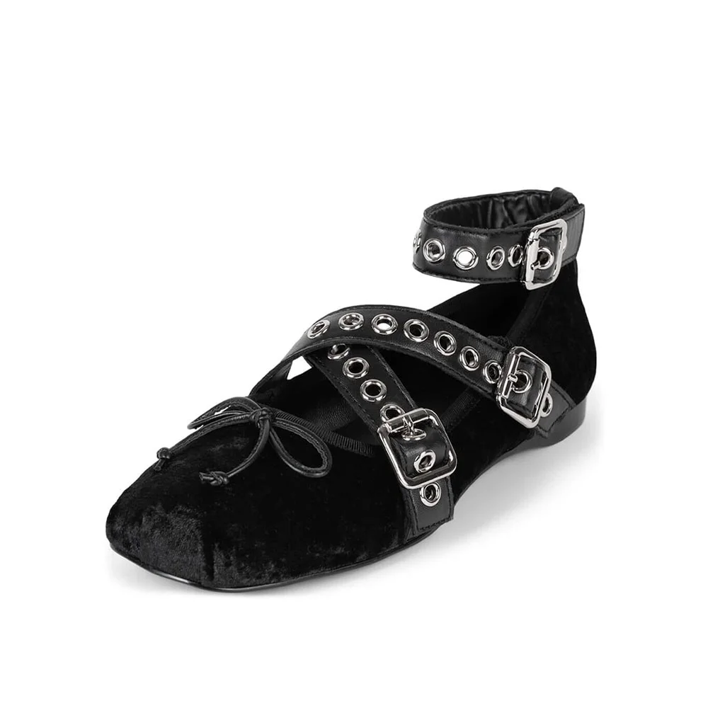 Black Velvet Round Toe Bow Inlay Buckle Fastening Studded Strappy Up Ballet Flats Nicepairs