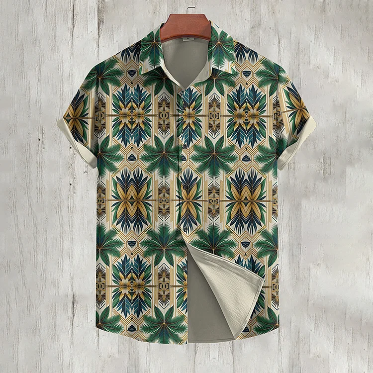Simpfit Kurzarmhemd für Herren im Vintage-Stil mit geometrischem Palmenblatt-Print