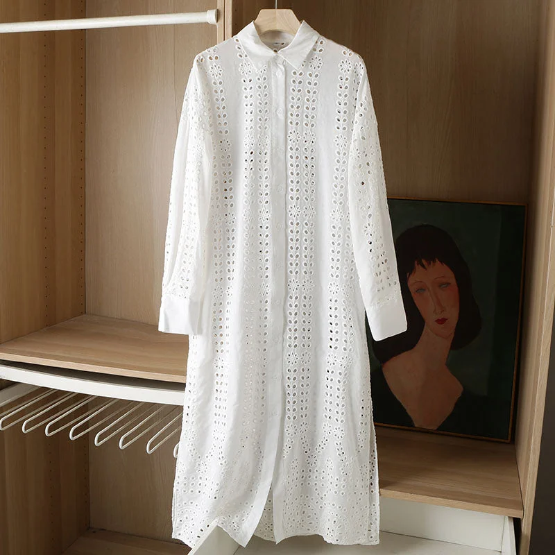 2021 Spring Summer Women White Sexy Hollow Shirt Midi Dress Chic Embroidery Long Sleeve Solid Beach Dresses Ladies Vestidos