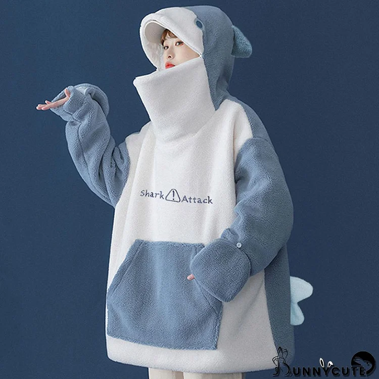 Shark Attack Embroidery Letter Plush Hoodie