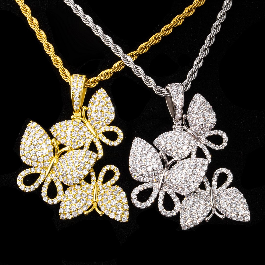 34mm Cuban Link Chain Butterfly Necklace with Pendant White Gold Diamond