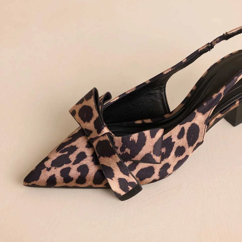 Brown Leopard Print Pointed Toe Bow Slingback Shoes with Flared Heel