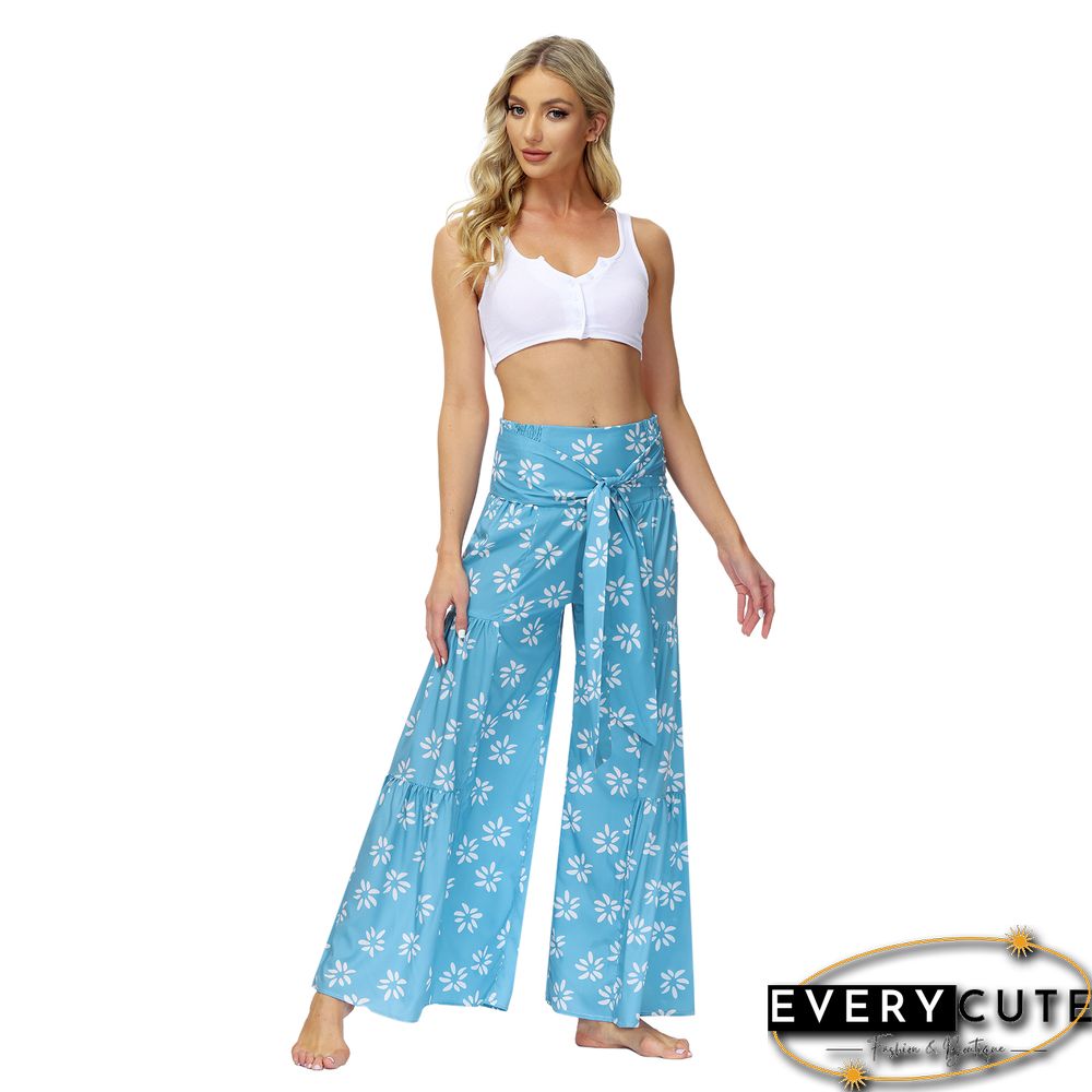 Aquamarine Digital Print Tie Waist Beachwear Wide Leg Pants