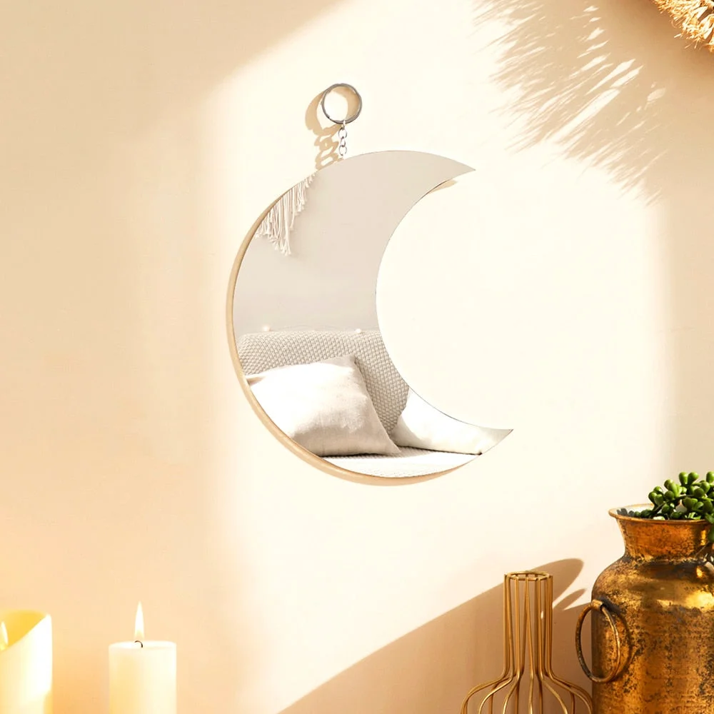 Gold Moon Phase Wall Mirror Boho Home Decor Moon Decor Acrylic Decorative Mirrors Wall Hanging Bedroom Living Room Decoration