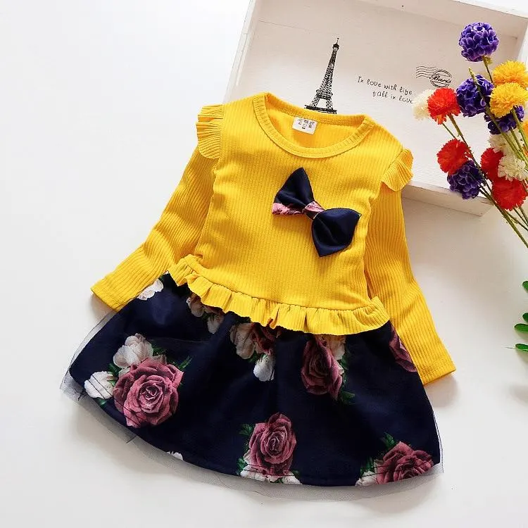 1 to 6 Yrs Spring Autumn Toddler Girl Dress Long Sleeve Toddler Dress Floral Bow Kids Dresses for Girls Fashion Girls Clothing