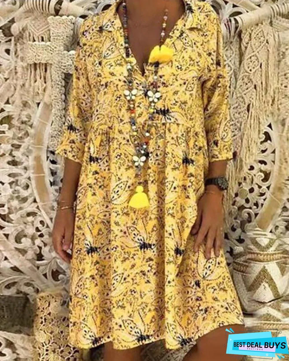 Women's A-Line Dress Midi Dress 3/4 Length Sleeve Floral Print Spring & Summer Hot Oversized Red Yellow Green