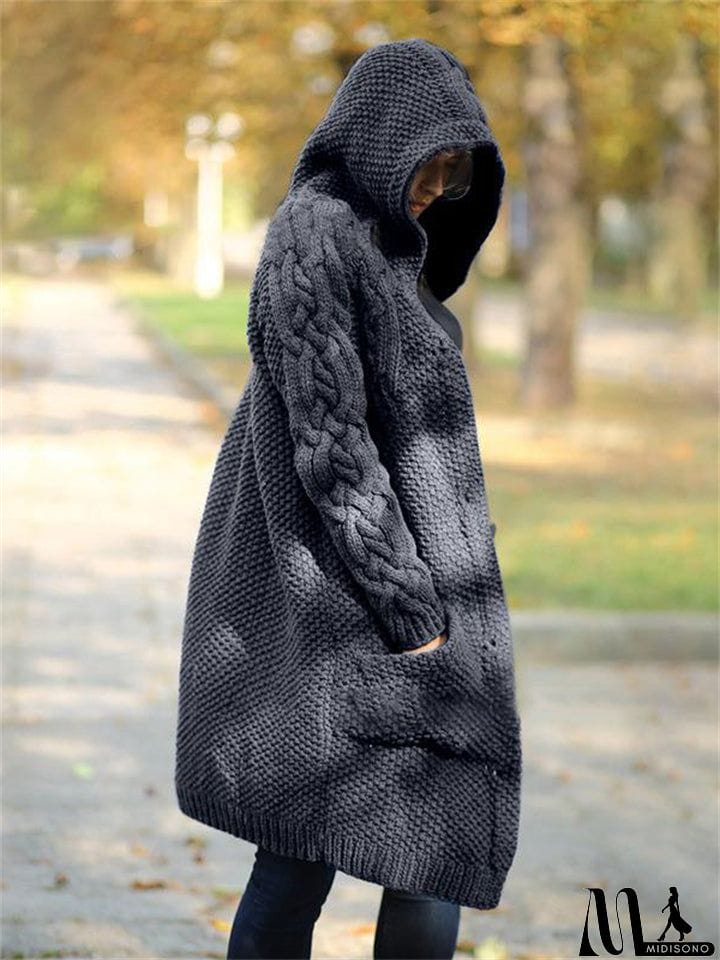MidiSono - Women's Warm Buttoned Hooded Long Sweater Cardigan