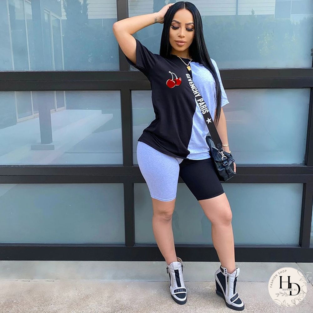 New Fashion Women Solid Sporting Casual Two Piece Set Short Sleeve Tee Top Biker Shorts