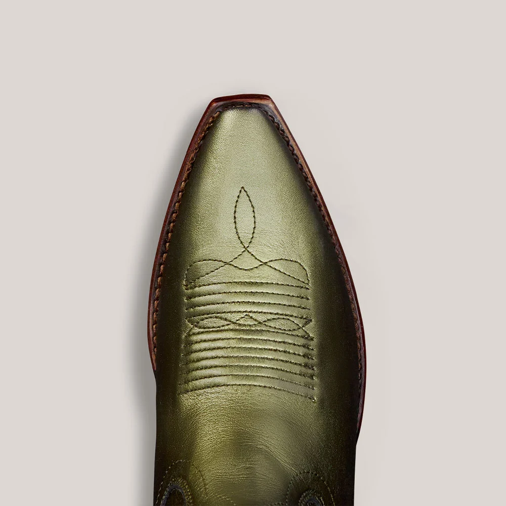 Metallic Olive Snip Toe Mid Calf Embroidered Cowboy Boots for Women