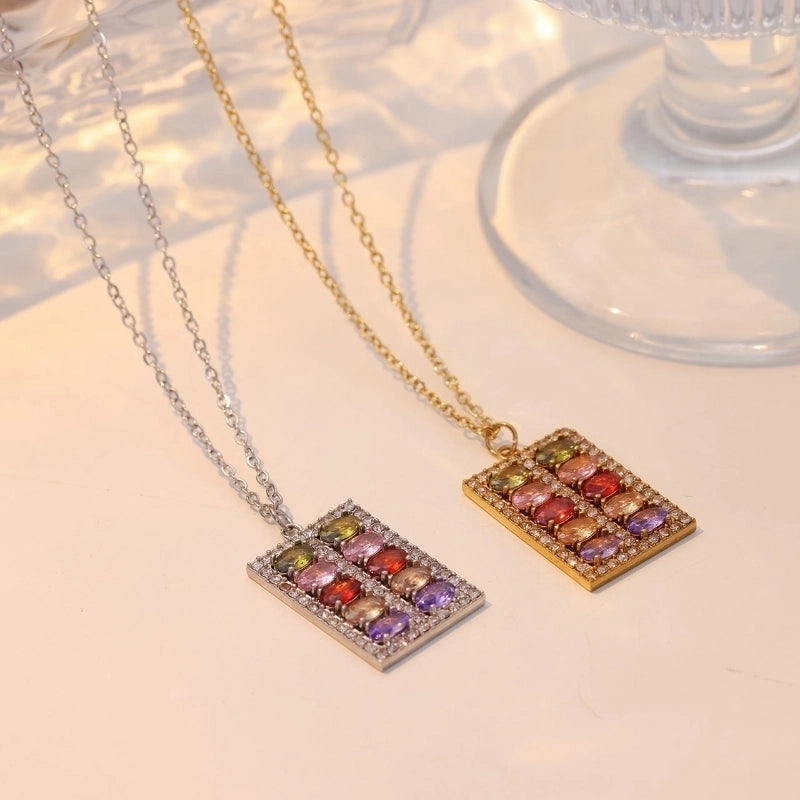 Elegant Luxurious Rectangle 304 Stainless Steel Zircon White Gold Plated Gold Plated Inlay Pendant Necklace