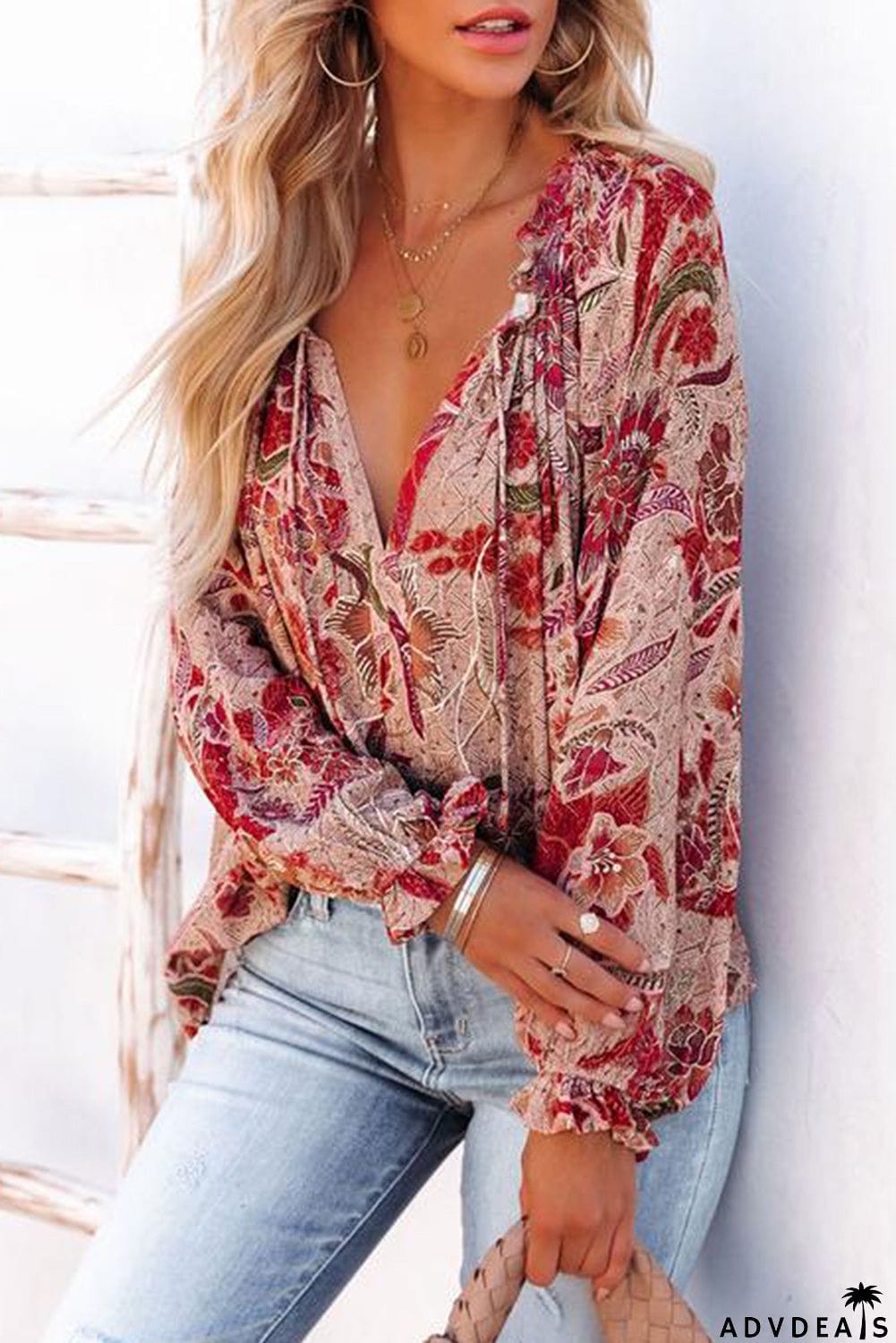 Split V Neck Printed Blouse
