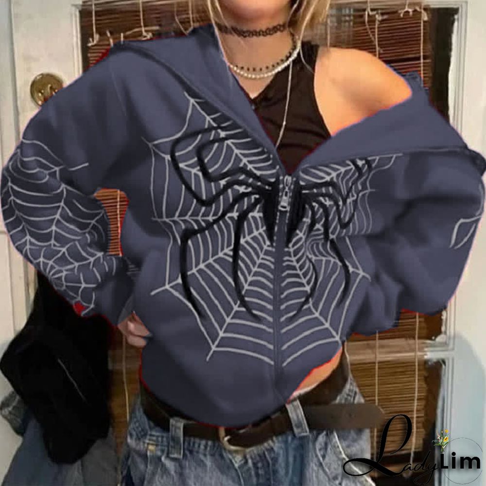 Dark Spider Web Print Full Zip Hooded Sweatshirt