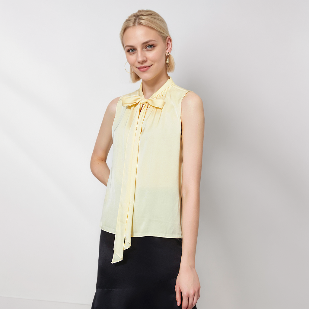 Yellow Silk Tank Top with Ribbon-tied Neck for Sweet and Elegant Looks REAL SILK LIFE