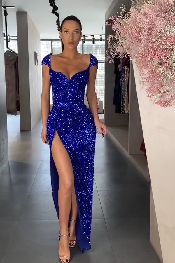 Luluslly Cap Sleeve Royal Blue Prom Dress Sequins Evening Gowns WIth Slit