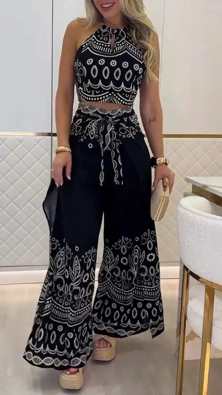 Women's Retro Pattern Ethnic Halter Sleeveless Top Wide Leg Pants Set 