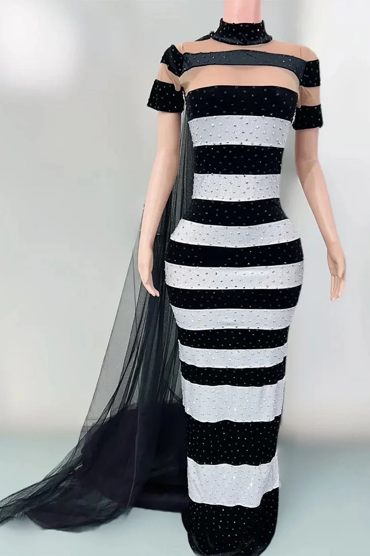 Mock Neck Striped Rhinestone Short Sleeve Maxi Derss-Black