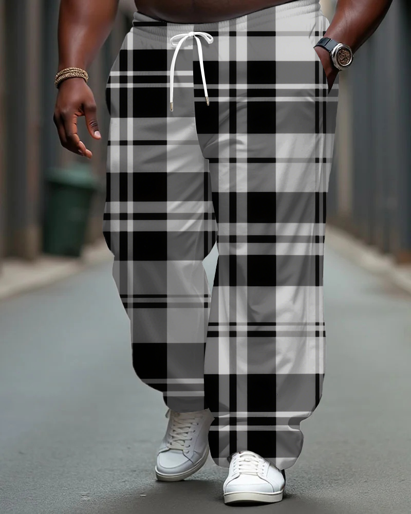 Men's Classic Black Plaid Printed Big and Tall Casual Pants with Pockets & Drawstring
