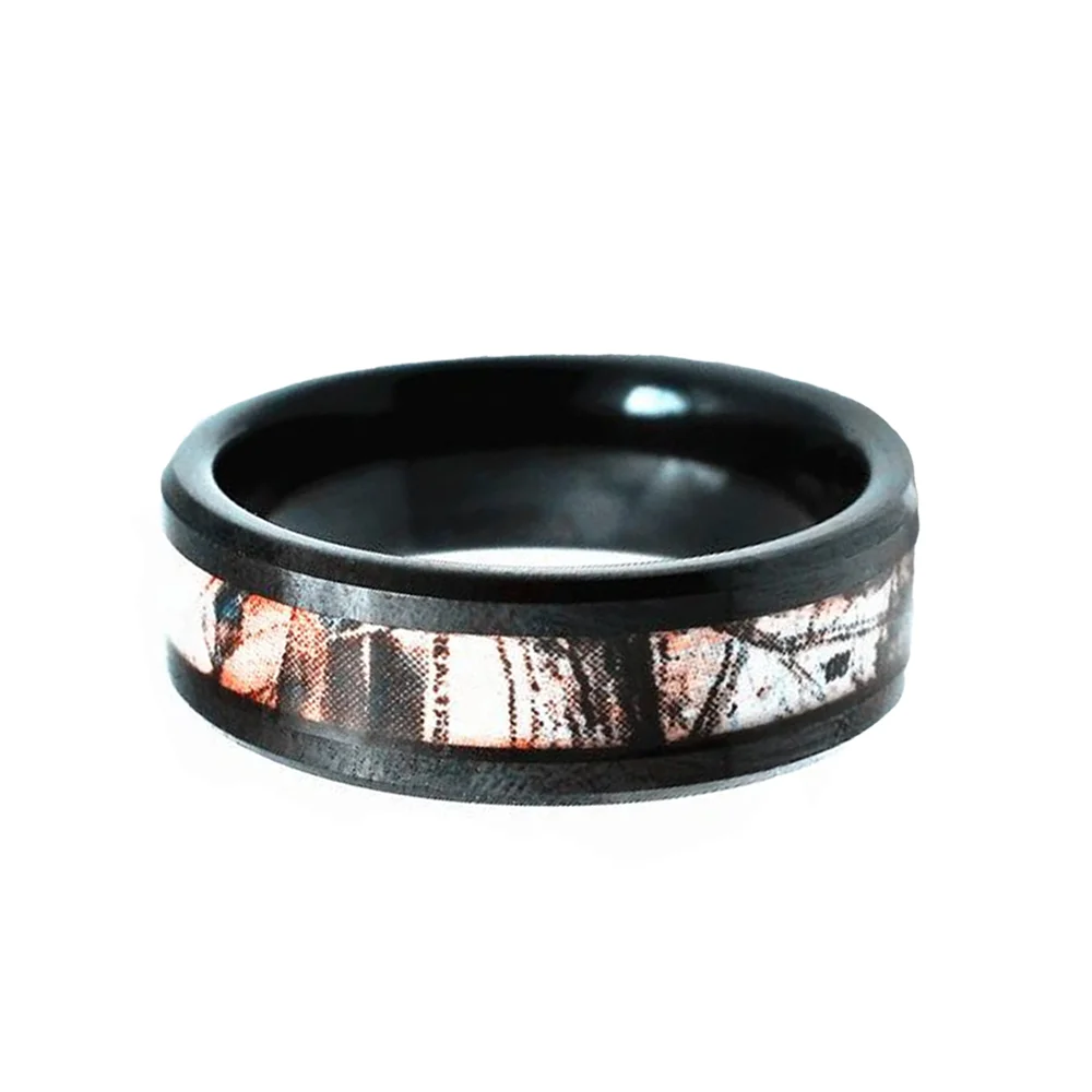 8mm Black Plated Mens Camouflage Hunting Inlay Tungsten Ring