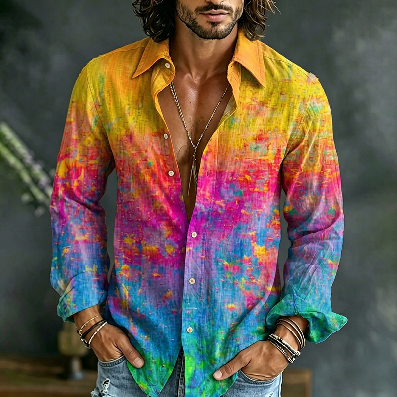 Comstylish Vintage Colorful Gradient Patterns Casual Cotton Linen Shirt