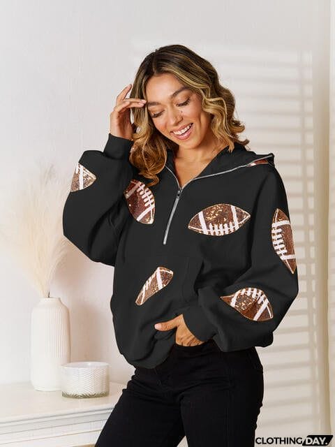 Sequin Football Patch Hal-Zip Hoodie