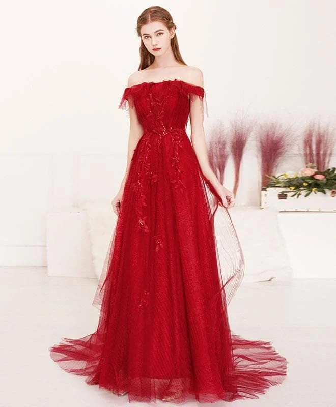Burgundy Sweetheart Off Shoulder Long Prom Dress, Formal Dress