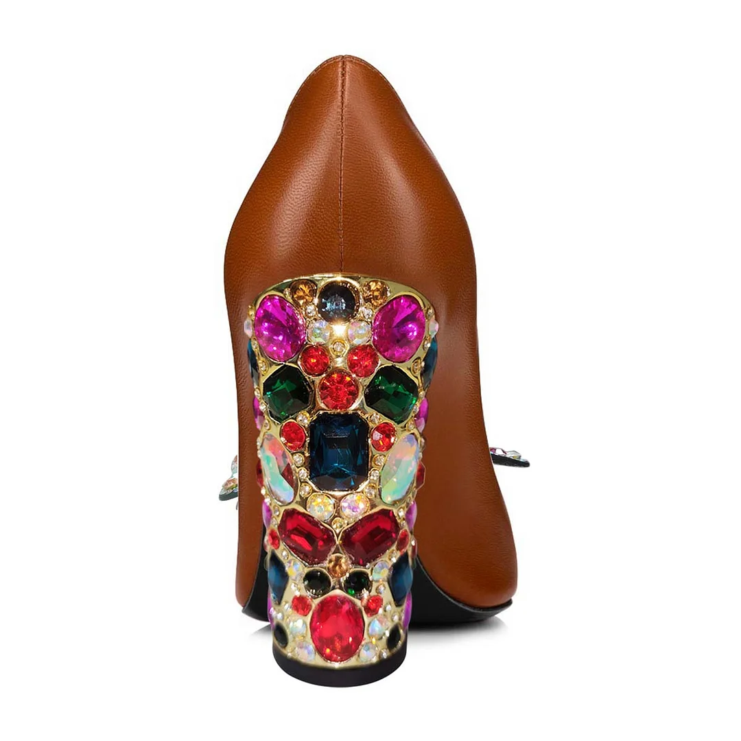 Brown Vegan Leather Chunky Heel Pumps Shoes with Jewelry Butterfly