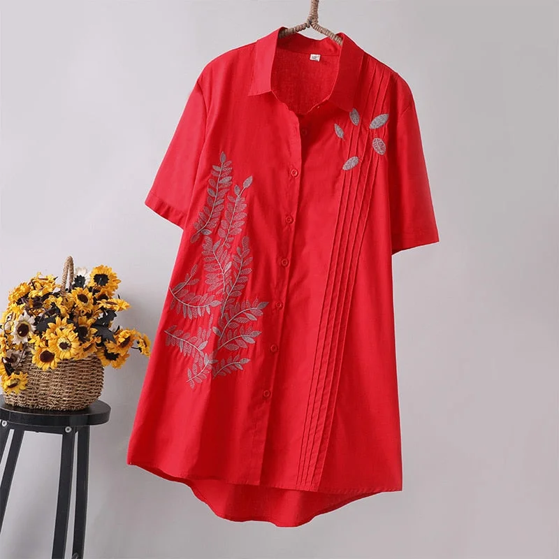 New Arrival Women Leaf Embroidery Long Cotton White Blouse Summer Short Sleeve White Female Shirt Turn-Down Collar Top T96402F