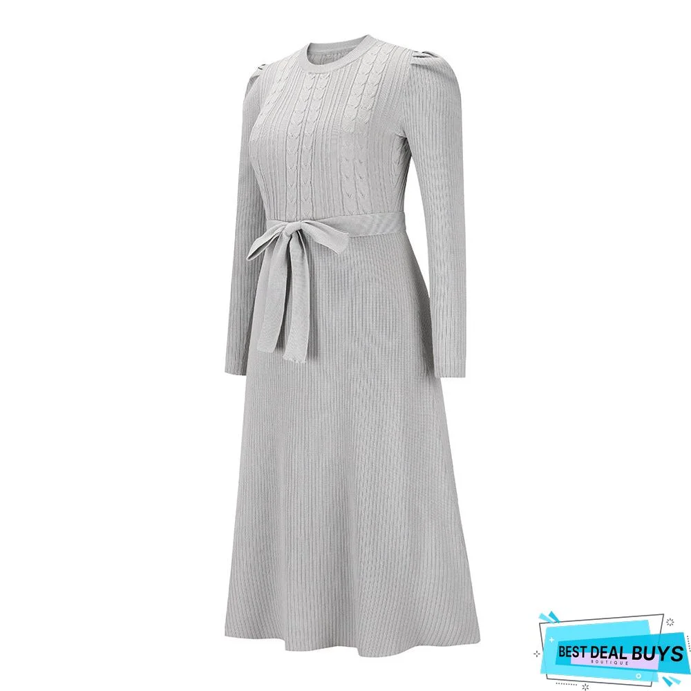 Bubble Long Sleeve Knitted Skirt Medium Long Wool Dress Black Dresses