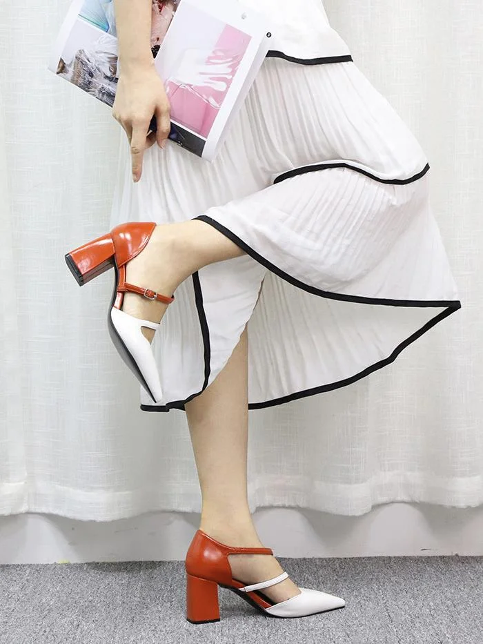 Personalized fashion fairy color matching buckle pointed thick heel high heel women's shoes