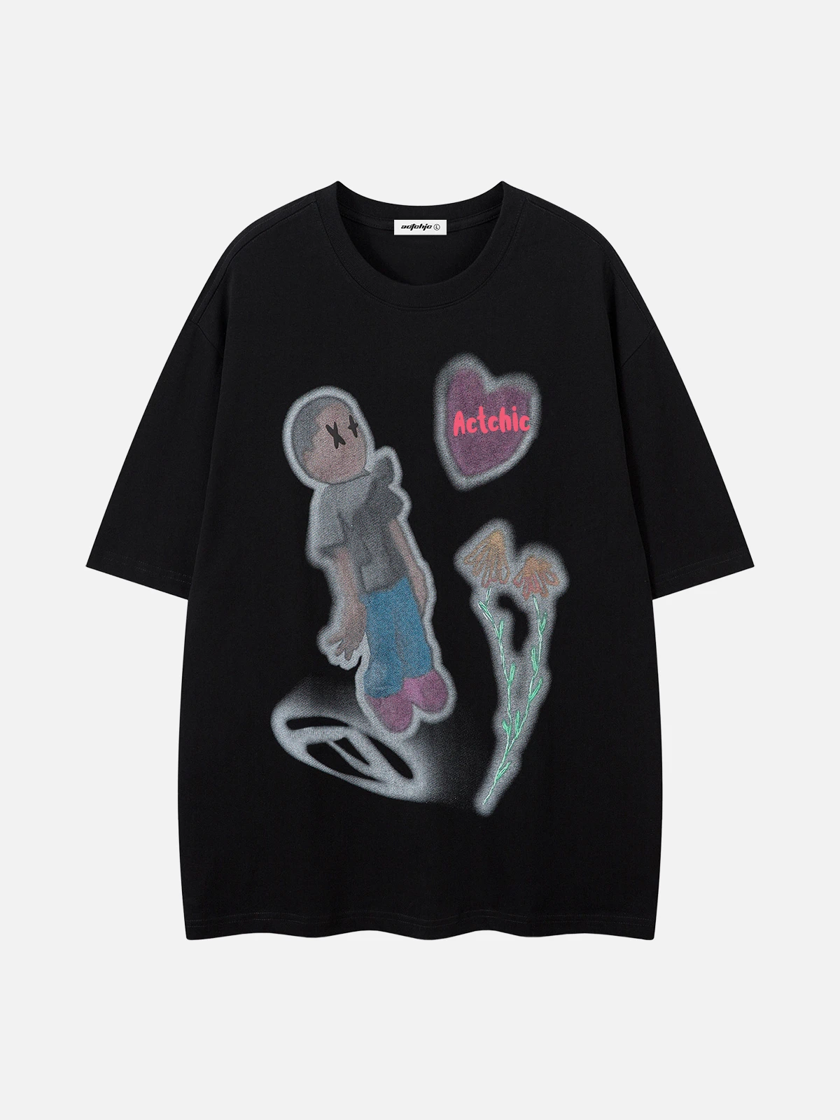 Black Act Chic Hip-Hop Dark Cartoon Graphic T-shirt Front