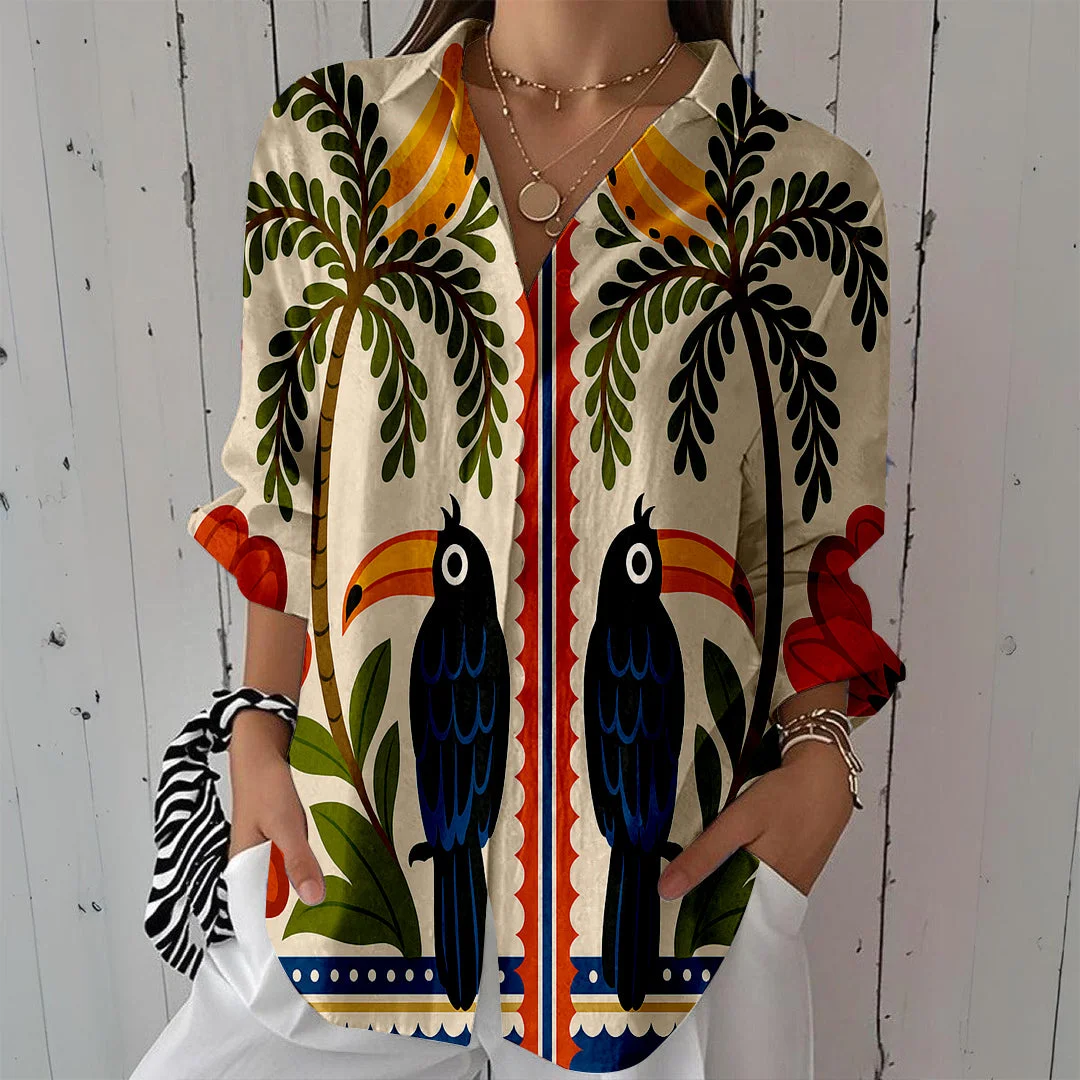 Style & Comfort for Mature Women Women Tropical, Birds, Green DZCL0070 3/4 Sleeve Shirt Collar Printed Button Tops