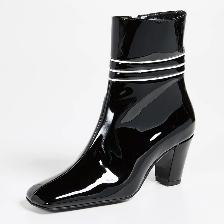 Black Patent Leather Square Toe Chunky Heels Zipper Ankle Boots |FSJ Shoes