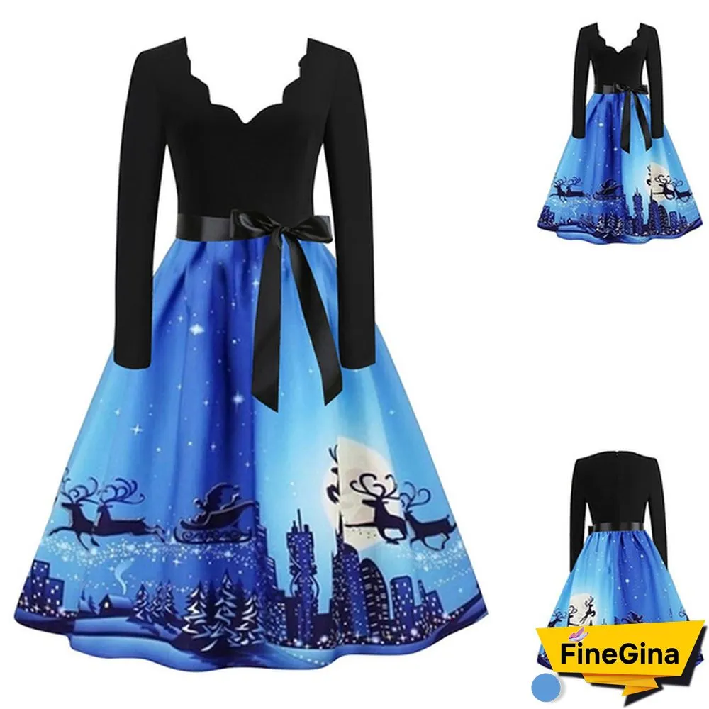 Womens Fashion Casual Dress Lace V Neck Christmas Deer Musical Notes Cat Print Santa Cluas Snowflake Dress Christmas Dress Print Vintage Flare Dress Bowknot High Waist Swing Dress