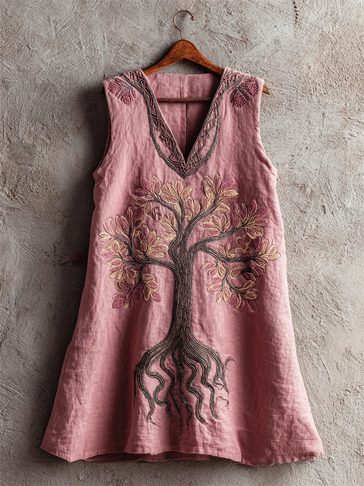 Vintage Pink Tree Of Life Embroidered Linen Tank Top