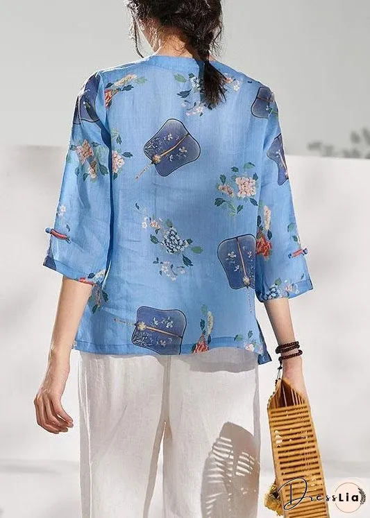 Natural Blue Print Oriental Summer Ramie Shirt