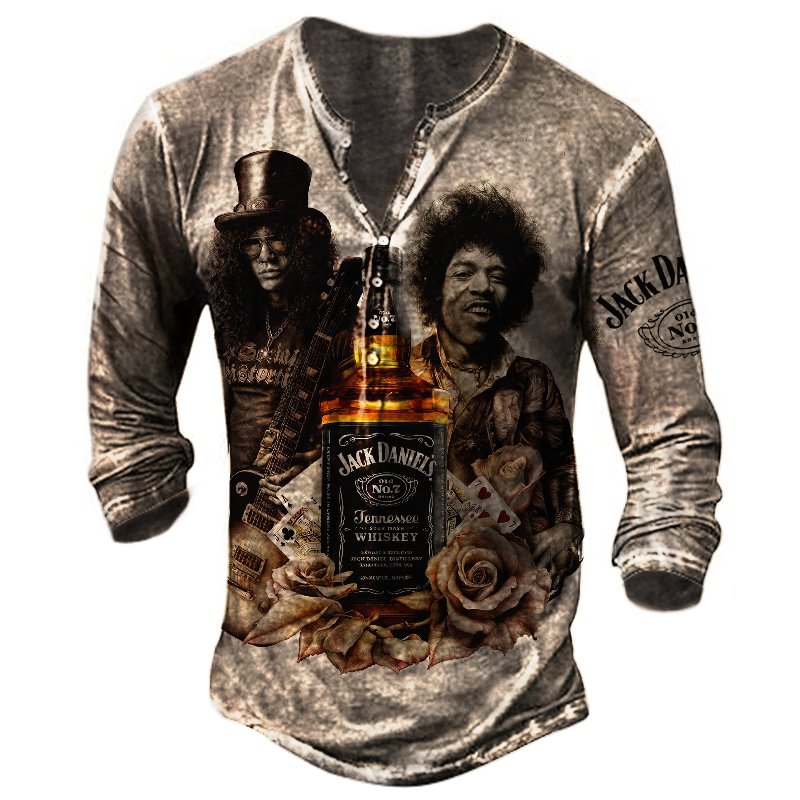Men's retro jack daniels whiskey print comfortable and breathable casual T-shirt / [viawink] /