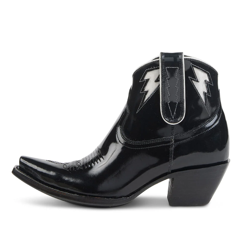 Black Patent Leather Lightning Inlay Chunky Heel Cowgirl Boots