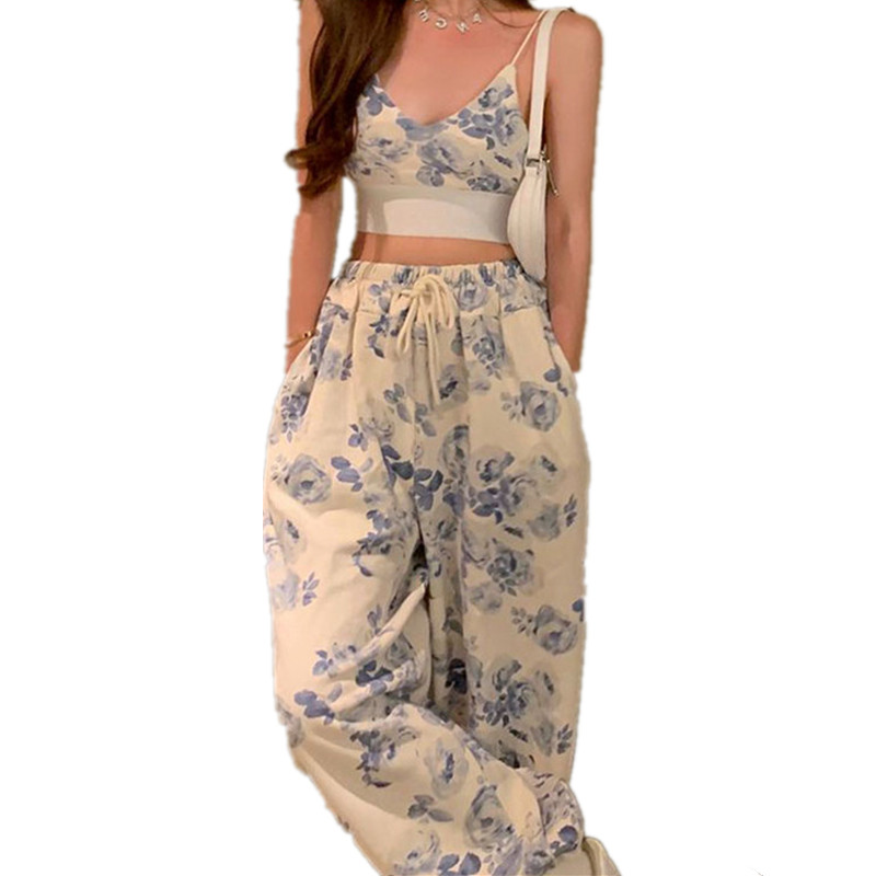 Women 2 Pieces Pant Sets Summer Clothes 2024 Floral V-Neck Spaghetti Strap Camisole and Drawstring Elastic Waist Pants