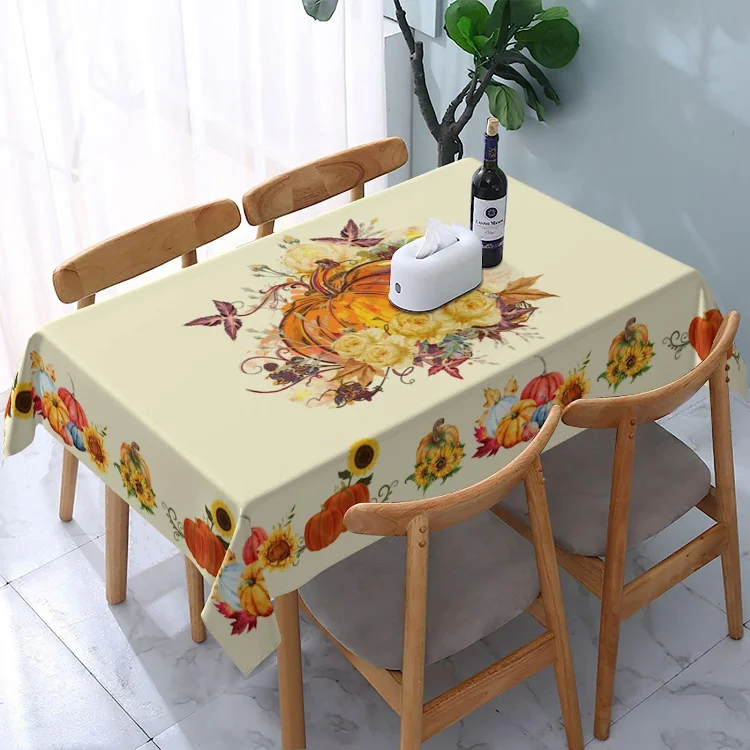 Thanksgiving Pumpkin Flower Rectangle Tablecloths Kitchen Table Decor Reusable Waterproof Tablecloths Holiday Party Decorations