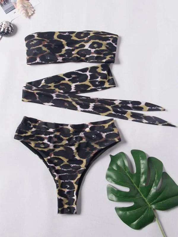 Leopard Print  Bandeau Bandage Split Bikini Swimsuit