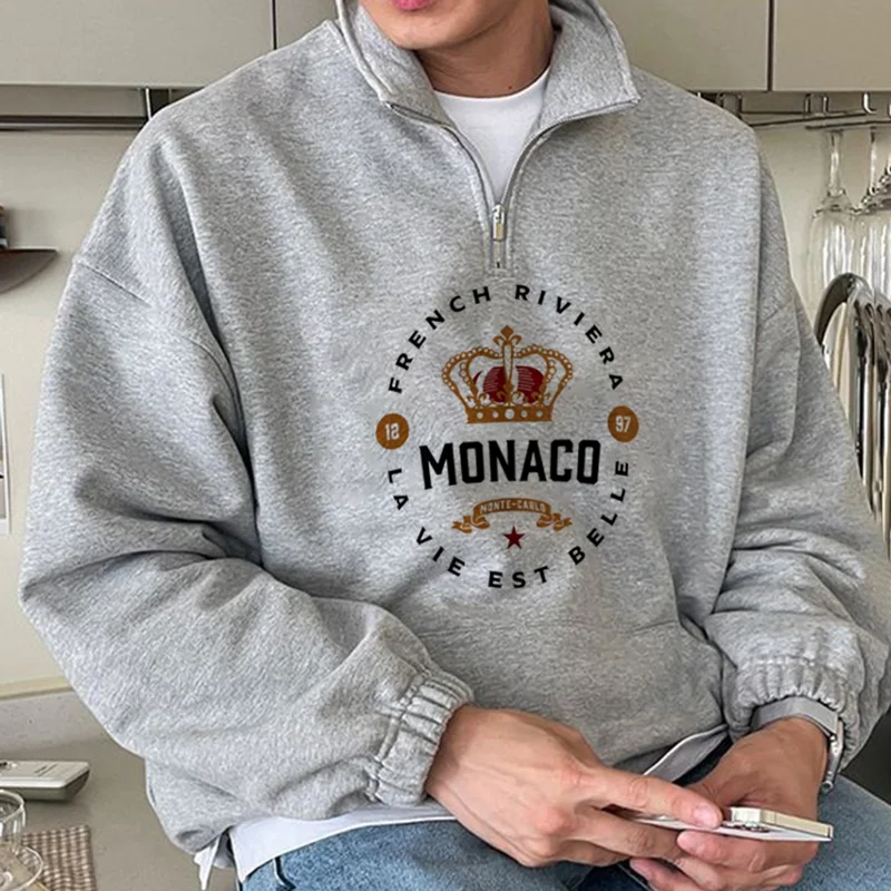 Unisex Monaco Sweatshirt Monte Carlo Print Half-Zip Sweatshirt、、URBENIE
