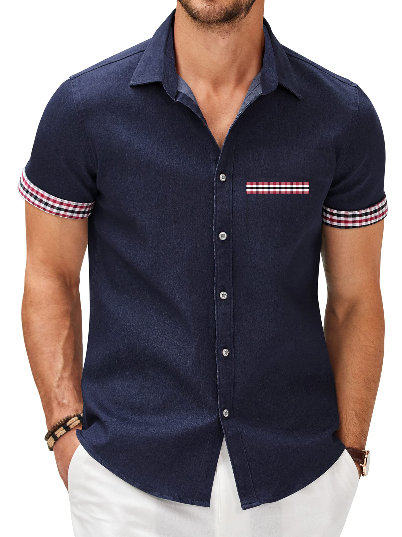 Men's Patchwork Plaid Print Pocket Short Sleeve Shirt PLUSCLOTHESMAN