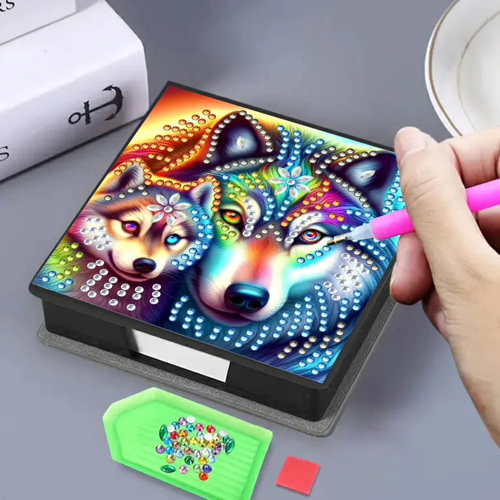 PU 5D Diamond Painting Kit Note Box DIY Diamond Art Notepad Box (Wolf)