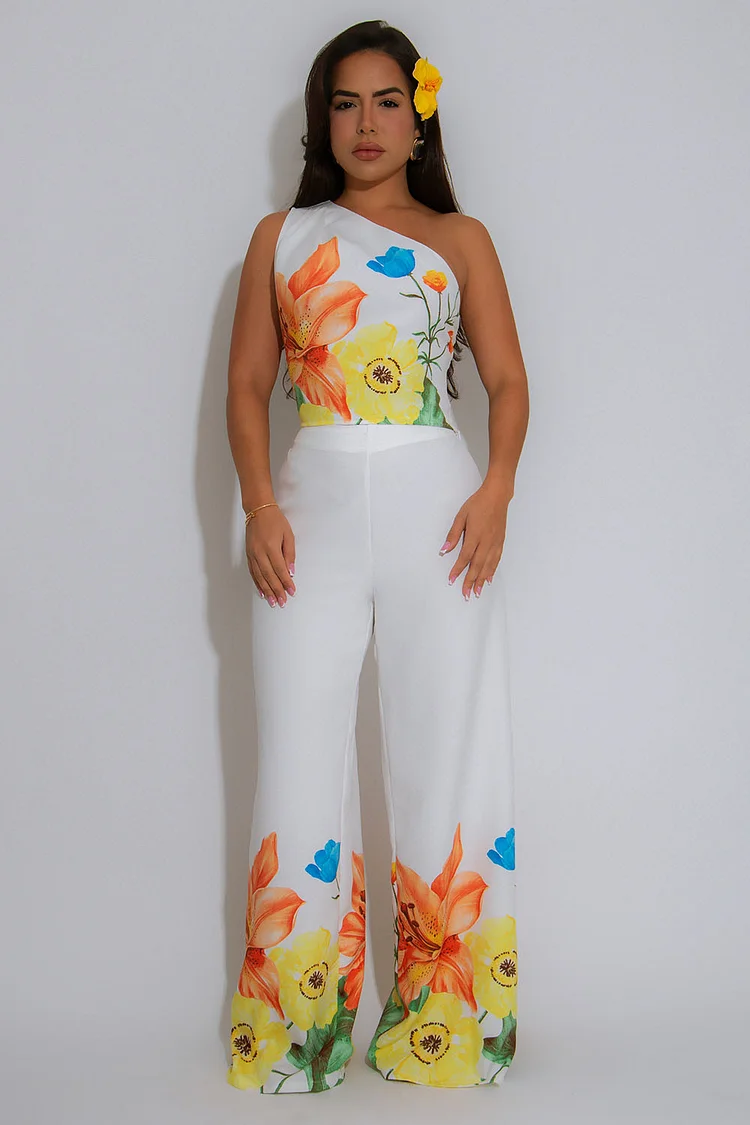 Floral Print One Shoulder Top Wide Leg Pants 2pcs Set-White [Pre Order]