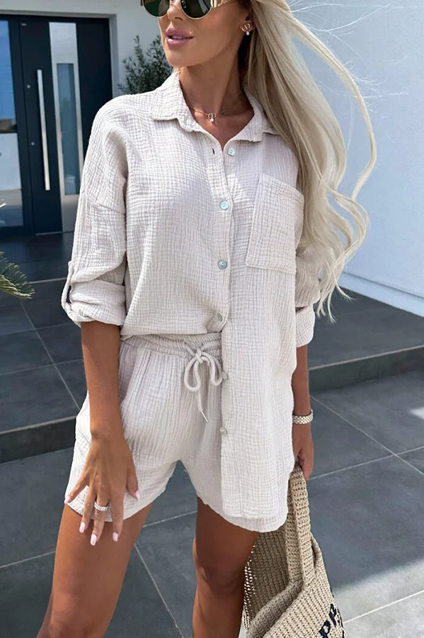 Jhene Linen Blend Loose Shirt and Drawstring Elastic Waist Shorts Set