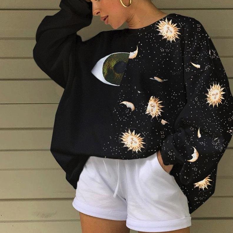 Ladies Sun Moon God Print Sports Long Sleeve Round Neck Loose Casual Pullover Sweater-Allyzone-Allyzone