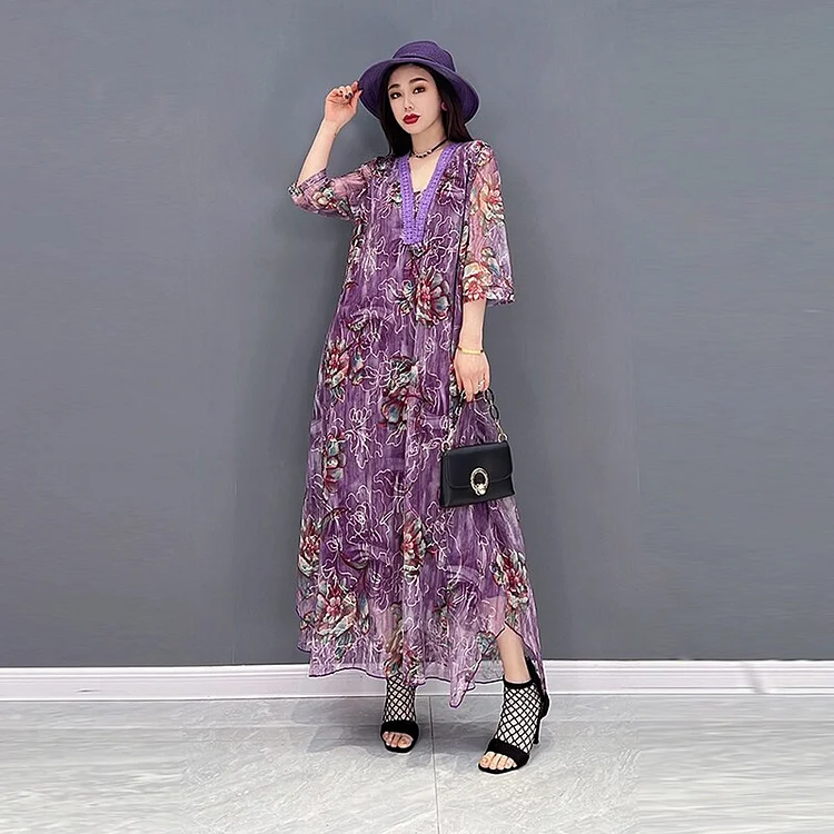 Elegant V-neck Floral Embroidery Mesh Half Sleeve Dress  